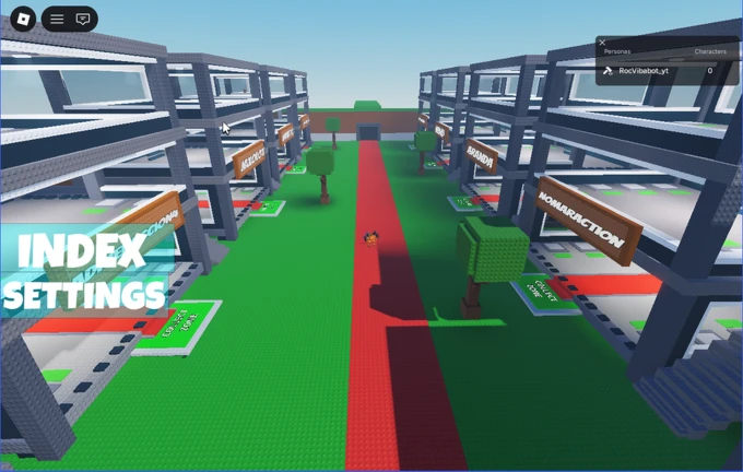 Find the Noobsi Book Characters game map in Roblox showing character bases from the book with name signs and a central red carpet